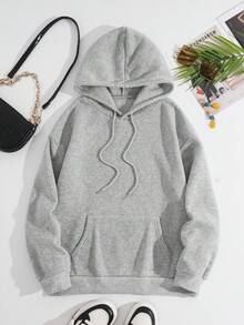 SHEIN EZwear Cartoon & Letter Graphic Drawstring Thermal Lined Hoodie - Grey - View 2