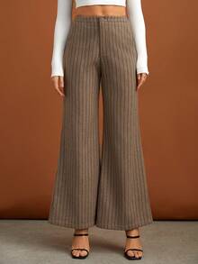 SHEIN Tall High Waist Striped Flare Leg Pants - Khaki - View 3