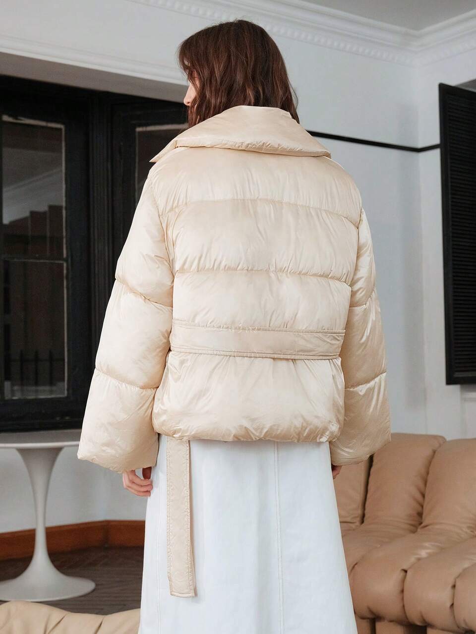 Lapel Neck Belted Padded Coat