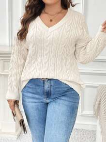 SHEIN Frenchy Kích thước lớn Thả vai Xoắn Dan Áo len - Màu be - Xem 4