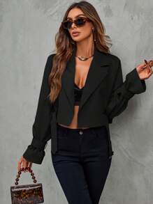 SHEIN Clasi 西裝領扣飾袖口短款風衣外套 - 黑色 - 查看 7