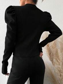 EURMUSE Cotton Half-High Collar Leg-Of-Mutton Sleeve T-Shirt - Black - View 2