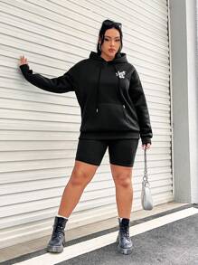 SHEIN EZwear Plus Size Letter & Figure Print Drop Shoulder Sweatshirt - Black - View 3
