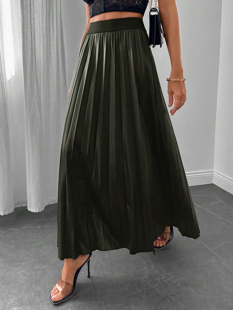 SHEIN Cottnline High Waist Pleated Skirt - Dark Green - View 1