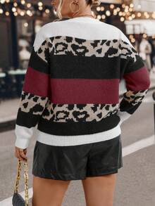 SHEIN LUNE Plus Leopard Pattern Colorblock Drop Shoulder Sweater - Burgundy - View 2