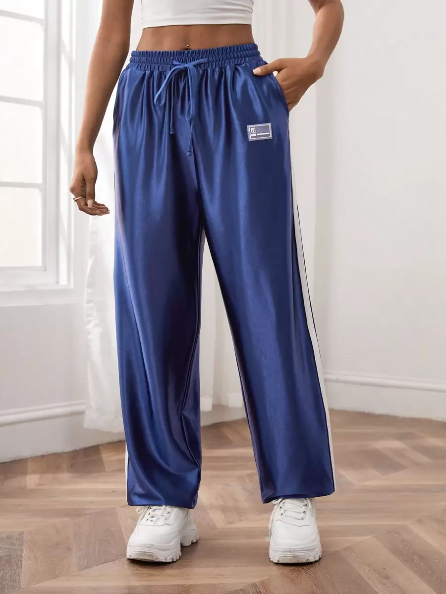 SHEIN EZwear Women Pants Kolor Ditambal Kantong Huruf Casual - Navy Blue - View 1
