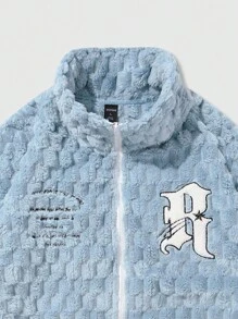 ROMWE MEN Street Life Men Letter Embroidery Zip Up Teddy Jacket, For Fall Winter - Blue - View 3