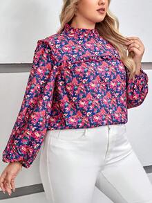 SHEIN Frenchy 大碼滿版印花燈籠袖褶邊襯衫 - 玫紅色 - 查看 4