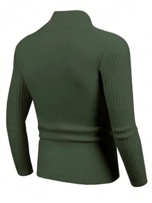 Manfinity Homme 男士素色V領加絨內裏套頭毛衣 - 軍綠色 - 查看 2