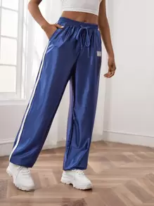 SHEIN EZwear Women Pants Kolor Ditambal Kantong Huruf Casual - Navy Blue - View 4