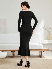 Modelyn Keyhole Neckline Mermaid Hem Sweater Dress Fall Cloth For Women - Black - View 2