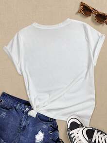 SHEIN EZwear 字母圖案T恤 - 白色 - 查看 2