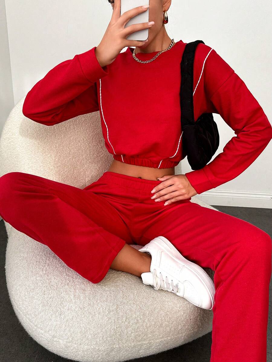 RueChic Top-stitching Drop Shoulder Crop Sweatshirt & Pants - Red - View 1