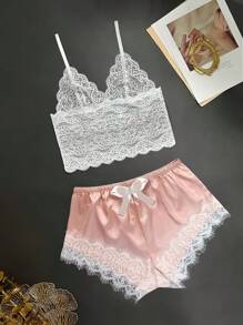 Floral Lace Bralet With Satin Shorts - Multicolor - View 3