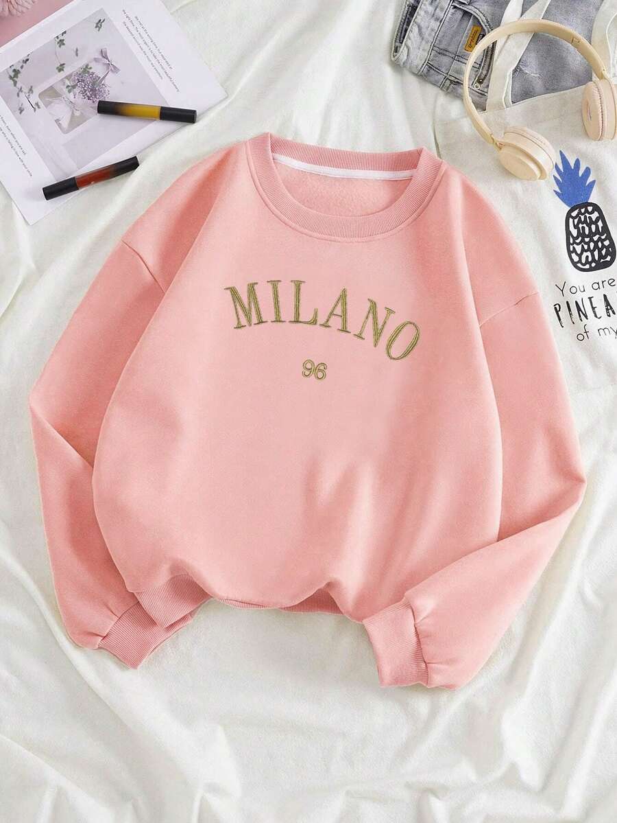 SHEIN EZwear Letter Embroidery Thermal Lined Sweatshirt - Pink - View 1