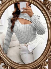 SHEIN Franclia Hơn Cắt ra Cổ giả Viền Ruffle Áo thun - Xám - Xem 6