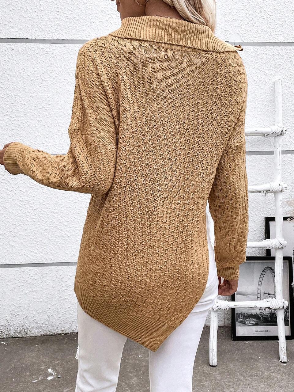 Solid Zip Up Drop Shoulder Asymmetrical Hem Knit Pullover Fall Winter Sweater