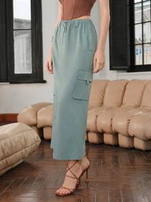 Flap Pocket Side Drawstring Waist Cargo Skirt - Green - View 3