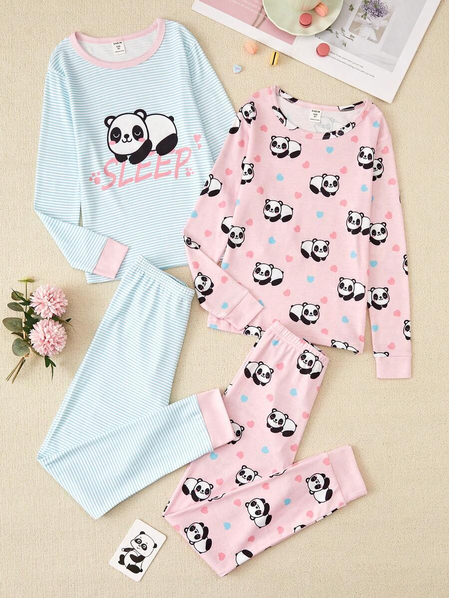 2入組中小童女孩熊貓印花緊身睡衣 - 粉色 - 查看 1