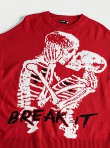 SHEIN EZwear 大碼骷髏&字母圖案套頭毛衣 - 酒紅色 - 查看 5