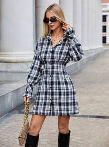 SHEIN Essnce Plaid Print Drop Shoulder Shirt Dress