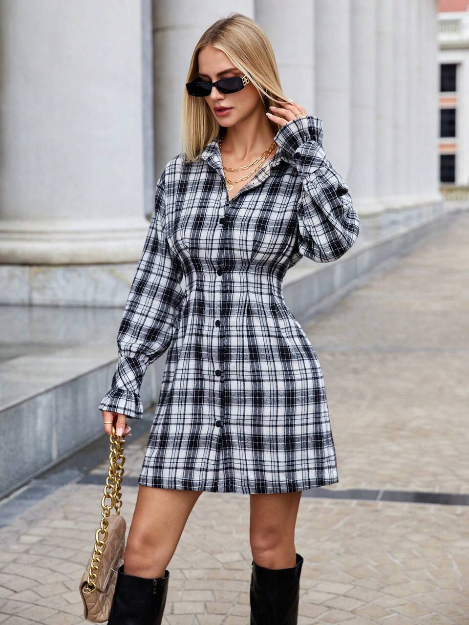 Plaid Print Drop Shoulder Shirt Dress