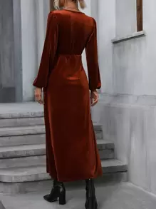 SHEIN Clasi 交疊領側打結圍裹下擺絲絨洋裝 - 棕色 - 查看 2