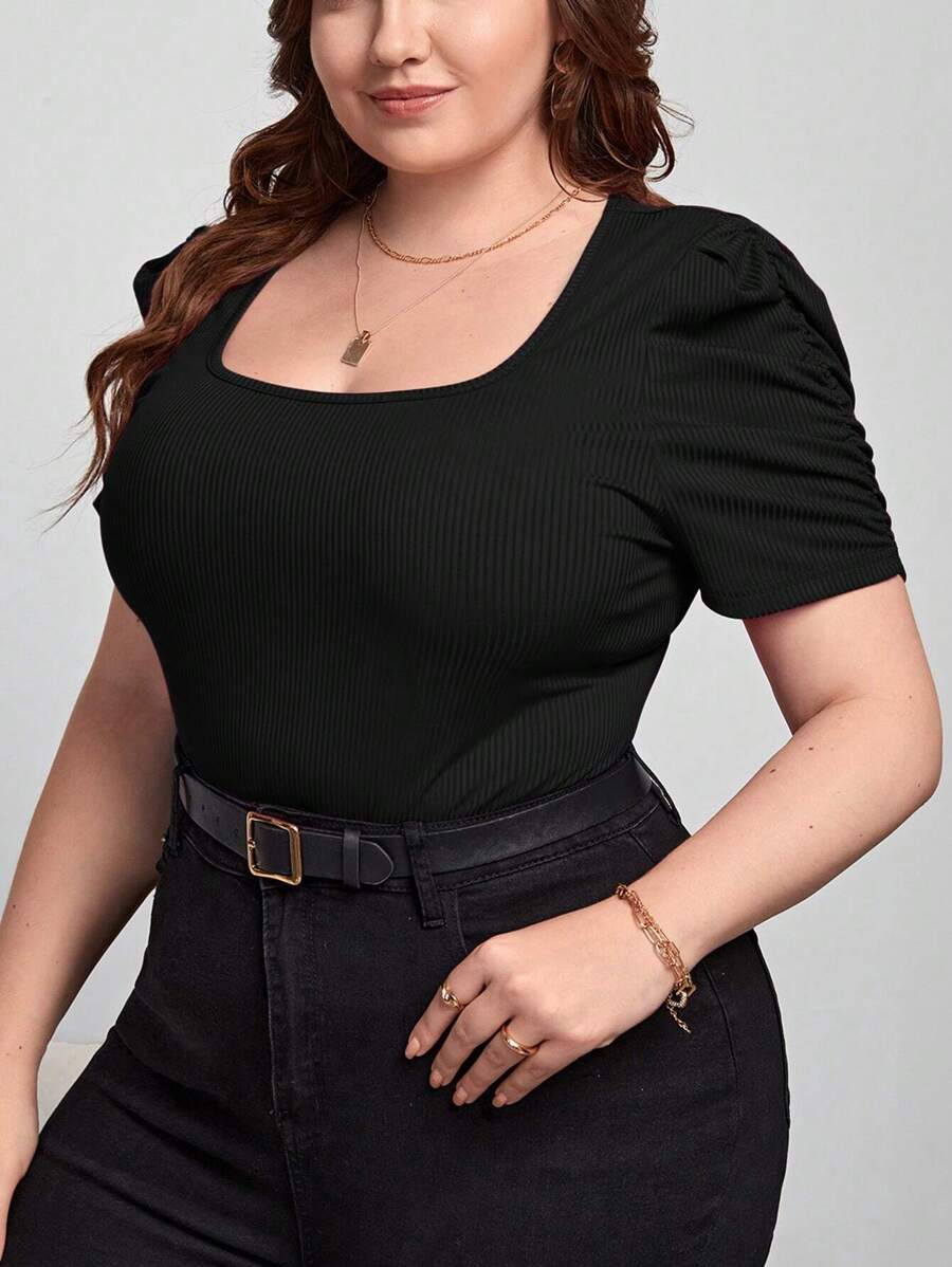 SHEIN Privé Plus Scoop Neck Ruched Puff Sleeve Tee