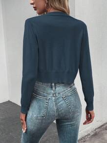 SHEIN LUNE 素色前紐扣短款開衫 - 藏蓝色 - 查看 2