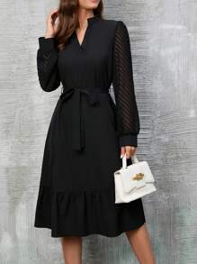 SHEIN Clasi 網紗拼接燈籠袖荷葉邊繫腰帶連衣裙 - 黑色 - 查看 4