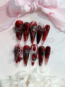 ROMWE Goth 10入組長款風格手工假指甲,隨機圖案,包括果凍膠