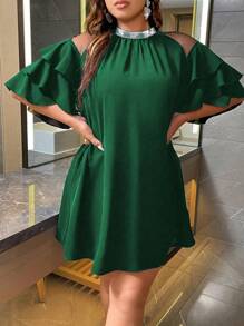 Celure Talla grande Vestido ribete con fruncido de hombros descubiertos - Verde Oscuro - Ver 6