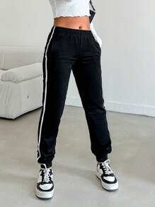 Contrast Tape Side Sweatpants For Spring & Autumn - Black - View 5