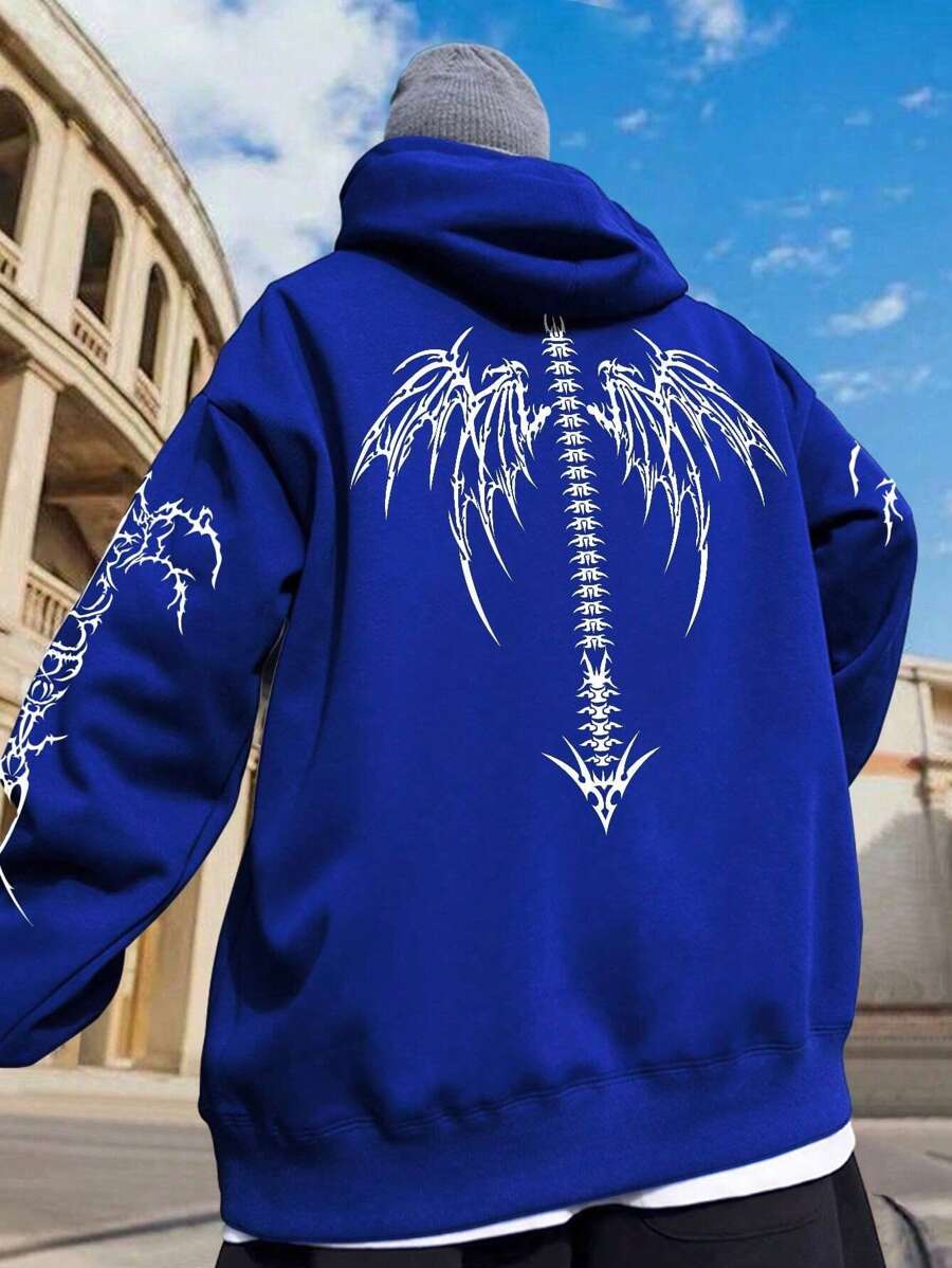 Manfinity EMRG Men Plus Wings Print Zip Up Thermal Lined Drawstring Hoodie - Blue - View 1