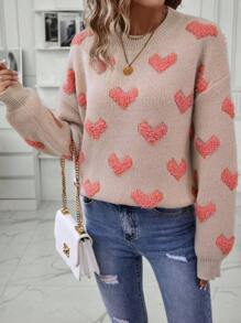 SHEIN Privé Heart Pattern Drop Shoulder Sweater - Multicolor - View 3