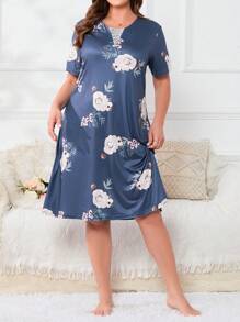 Plus Floral Print Nightdress - Blue - View 1