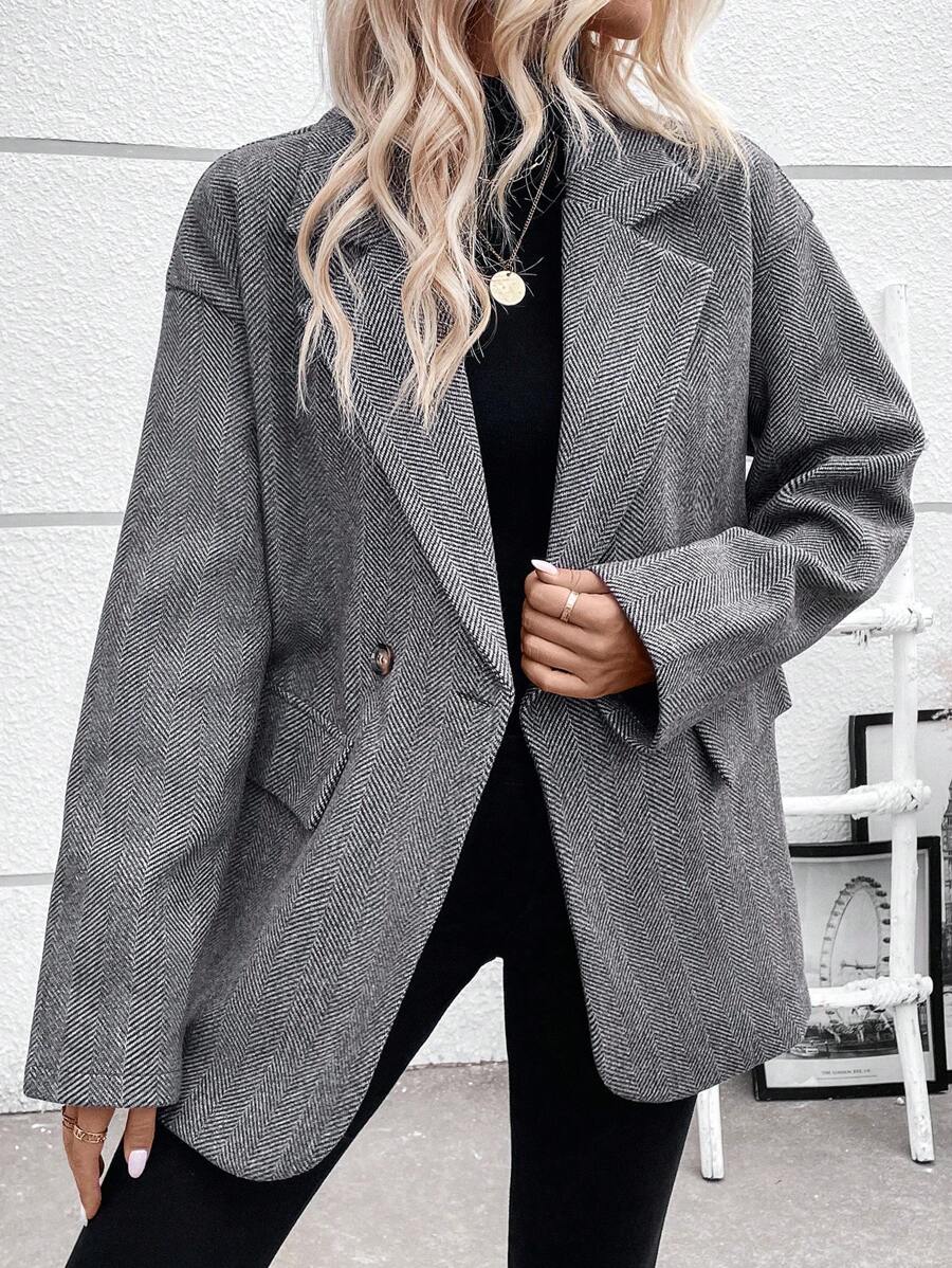 SHEIN LUNE 西裝領落肩袖雙排釦花呢外套 - 深灰色 - 查看 1