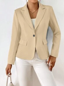 SHEIN Essnce Chất rắn Nút đơn Áo vest - Màu be - Xem 4