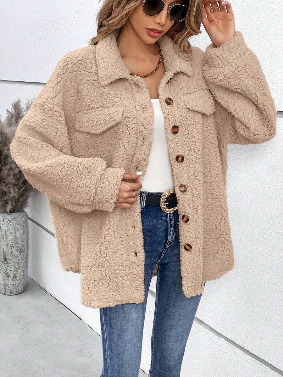 SHEIN Frenchy Thả vai Chi tiết về Flap Áo khoác Teddy - Màu Khaki - Xem 1