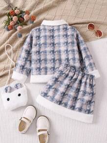 SHEIN Young Girl Borg Collar Button Up Thermal Jacket & Skirt