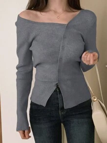 DAZY Cárdigan de punto acanalado con botones, ropa de otoño - Gris Oscuro - Ver 3