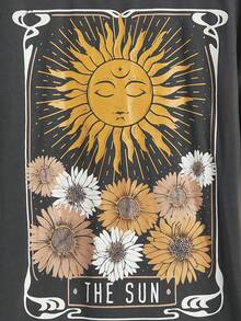 Garabateo Sunflower & Letter Graphic Drop Shoulder Tee - Dark Grey - View 4