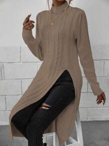 EMERY ROSE Mock Neck Split Hem Cable Knit Longline Sweater,Long Sleeve Tops Knit Pullover Fall Winter Outfit