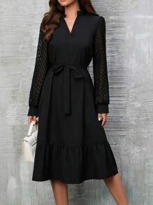 SHEIN Clasi 網紗拼接燈籠袖荷葉邊繫腰帶連衣裙 - 黑色 - 查看 5