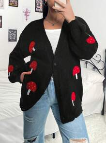 Flirla Plus Mushroom Embroidery Drop Shoulder Cardigan - Black - View 1