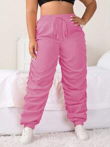 Calvaya 大碼腰部打結褶邊長褲 - 玫紅色 - 查看 4