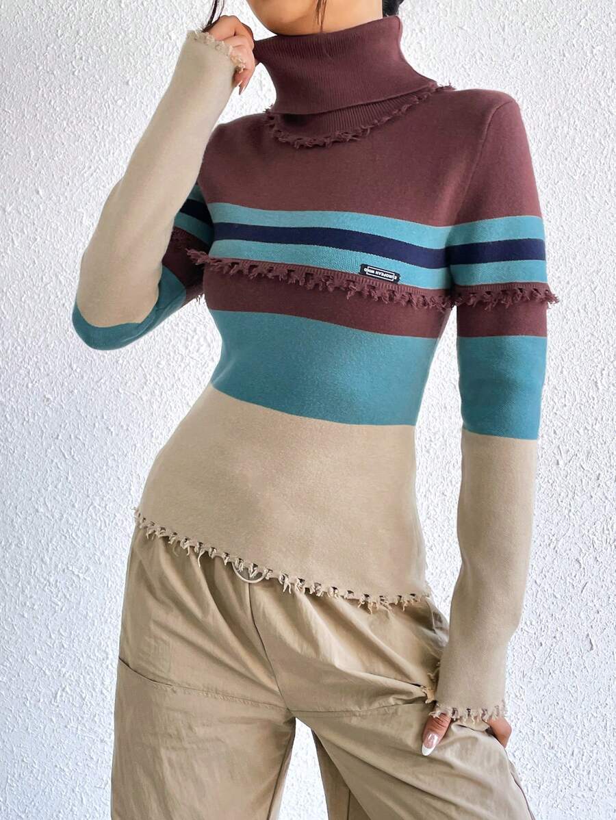 SHEIN EZwear Mẫu sọc Áo cao cổ Đau khổ Cắt tỉa Áo len - Cà phê nâu - Xem 1