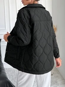 SHEIN Cottnline معطف مبطن جيب قلاب منخفض الاكتاف - الأسود - مشاهدة 2