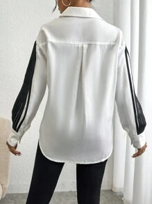 SHEIN Privé Striped Print Drop Shoulder Shirt - Black and White - View 2