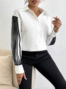 SHEIN Privé Striped Print Drop Shoulder Shirt - Black and White - View 4